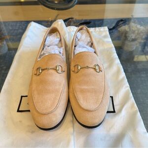 Gucci Jordaan Suede Horsebit Loafer, Rose Beige— Size 38